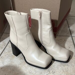 Forever 21 Cream Heeled Boots with Square Toe
